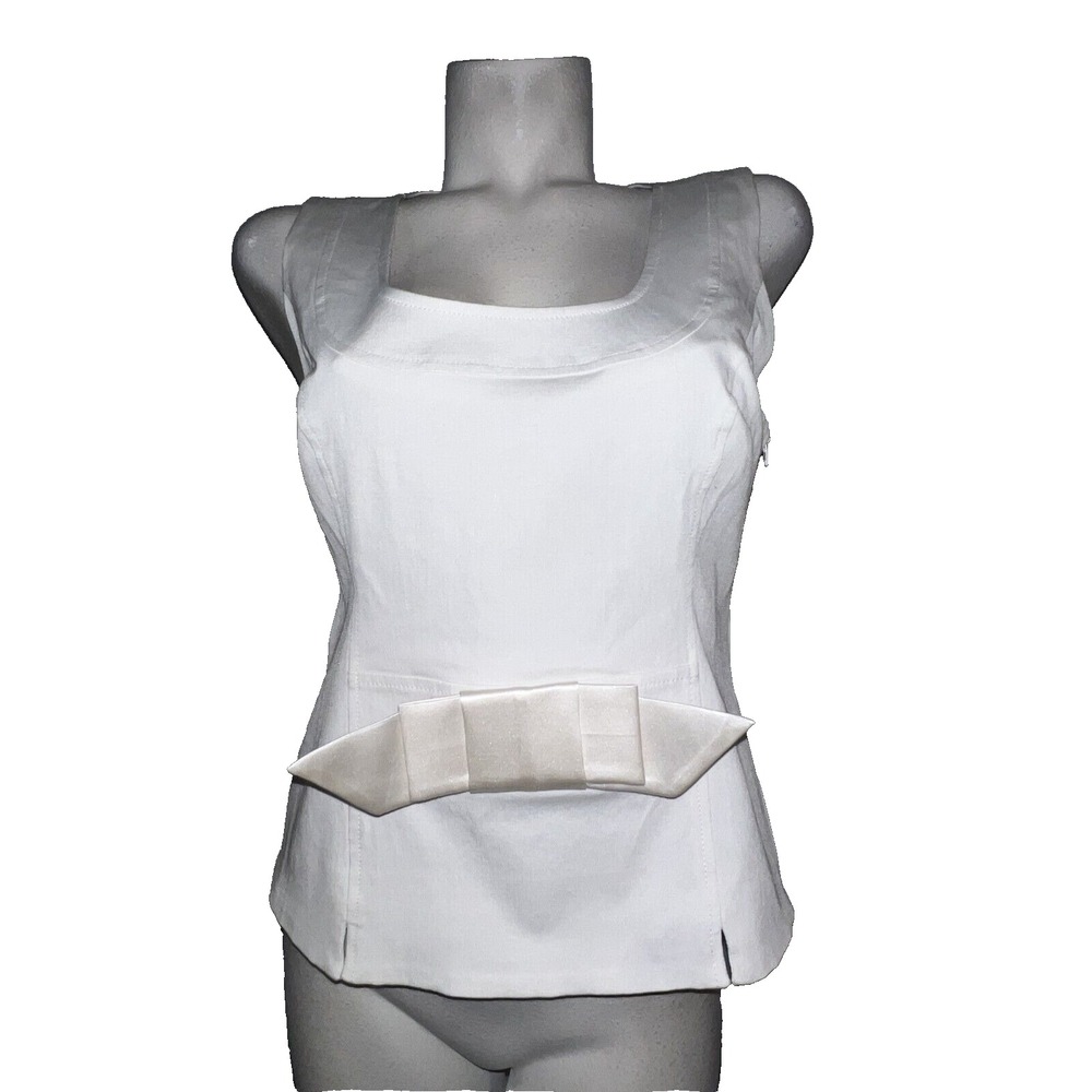 New Bebe Womens White Structured Bow Front Wide Neck Sleeveless Top Blouse Sz 10